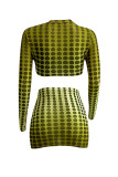 Yellow Gradual Change Print Polka Dot Patchwork See-through O Neck Long Sleeve Two Pieces