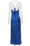 Blue Sexy Solid Patchwork Backless Slit Fold Spaghetti Strap Straight Dresses