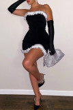 Black Fashion Sexy Solid Patchwork Backless Strapless Evening Dress (Without Gloves)