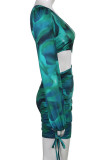 Green Sexy Print Hollowed Out Patchwork Draw String Frenulum Fold Oblique Collar One Step Skirt Dresses
