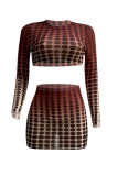 Yellow Gradual Change Print Polka Dot Patchwork See-through O Neck Long Sleeve Two Pieces
