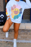 White Casual Print Patchwork O Neck Tops