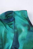 Green Sexy Print Hollowed Out Patchwork Draw String Frenulum Fold Oblique Collar One Step Skirt Dresses