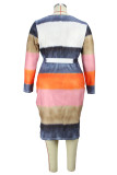 Colour Fashion Casual Print Slit With Belt O Neck Long Sleeve Plus Size Dresses