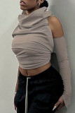 Brown Sexy Solid Patchwork Asymmetrical Hooded Collar Tops