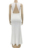 White Sexy Solid Patchwork See-through Hot Drill O Neck Straight Dresses