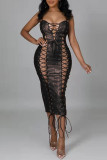 Brown Fashion Sexy Solid Bandage Hollowed Out Backless Square Collar Sling Dress