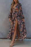 Multicolor Fashion Sexy Print Hollowed Out Slit V Neck Long Sleeve Dresses
