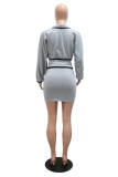 Grey Fashion Casual Solid Patchwork Fold Zipper Collar Long Sleeve Two Pieces