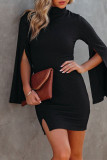 Black Fashion Casual Solid Slit Turtleneck Long Sleeve Dresses