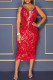 Red Sexy Sequins Patchwork Feathers Slit Spaghetti Strap Sling Dress Dresses