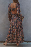 Multicolor Fashion Sexy Print Hollowed Out Slit V Neck Long Sleeve Dresses