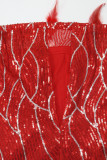 Red Sexy Sequins Patchwork Feathers Slit Spaghetti Strap Sling Dress Dresses