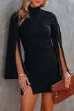 Black Fashion Casual Solid Slit Turtleneck Long Sleeve Dresses