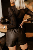 Black Fashion Sexy Patchwork Hot Drilling See-through O Neck Tops