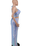 Blue Sexy Solid Bandage Sequins Split Joint Slit Halter Sleeveless Two Pieces