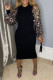 Black Casual Solid Sequins Patchwork O Neck One Step Skirt Dresses