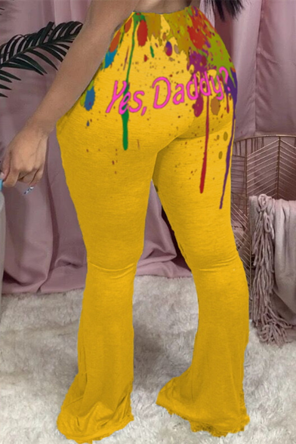 Yellow Fashion Casual Print Basic Regular High Waist Speaker Positioning Trousers