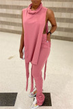 Black Fashion Casual Solid Bandage Slit Turtleneck Sleeveless Two Pieces