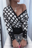 Black Fashion Casual Plaid Geometric Basic V Neck Tops