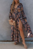 Multicolor Fashion Sexy Print Hollowed Out Slit V Neck Long Sleeve Dresses