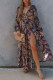 Multicolor Fashion Sexy Print Hollowed Out Slit V Neck Long Sleeve Dresses