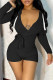 Black Fashion Casual Solid Bandage V Neck Long Sleeve Skinny Romper
