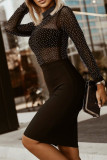 Black Fashion Sexy Patchwork Hot Drilling See-through Turtleneck Long Sleeve Dresses