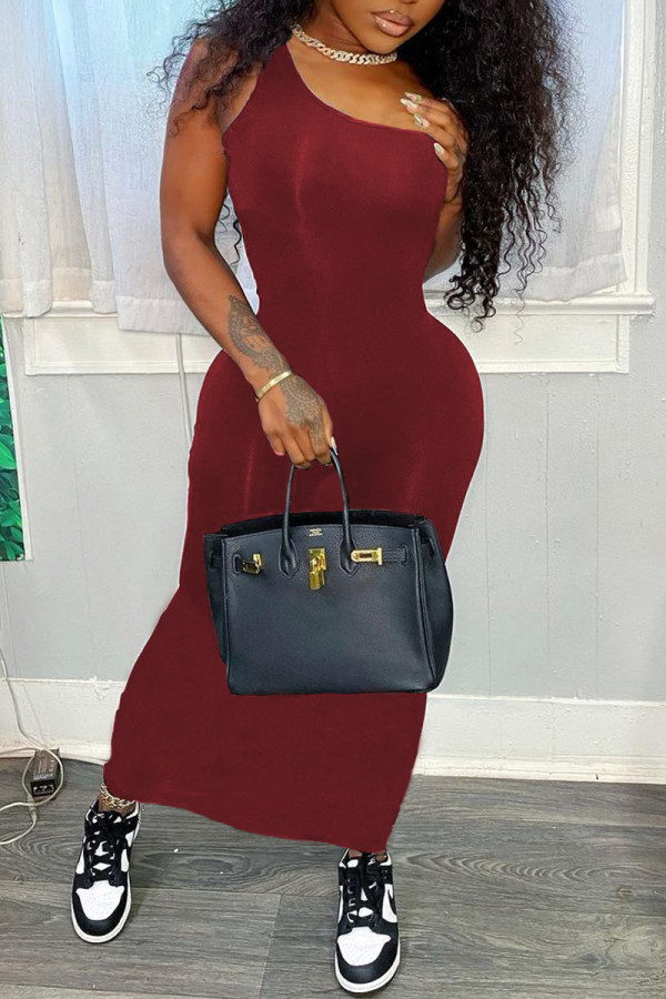Burgundy Sexy Casual Solid Backless One Shoulder Long Dress