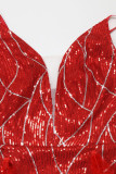 Red Sexy Sequins Patchwork Feathers Slit Spaghetti Strap Sling Dress Dresses