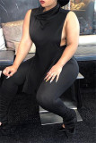 Black Fashion Casual Solid Bandage Slit Turtleneck Sleeveless Two Pieces