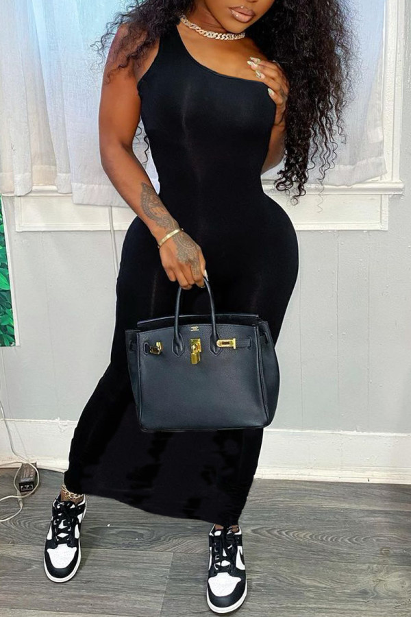 Black Sexy Casual Solid Backless One Shoulder Long Dress