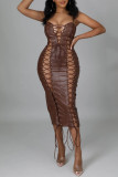 Brown Fashion Sexy Solid Bandage Hollowed Out Backless Square Collar Sling Dress