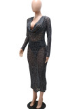 Black Sexy Print Patchwork See-through V Neck One Step Skirt Dresses