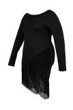 Black Sexy Casual Solid Tassel Split Joint Asymmetrical O Neck Long Sleeve Plus Size Dresses