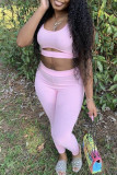 Pink Sexy Casual Solid Hollowed Out Patchwork Cardigan U Neck Sleeveless Two Pieces