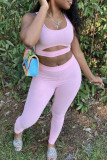 Pink Sexy Casual Solid Hollowed Out Patchwork Cardigan U Neck Sleeveless Two Pieces