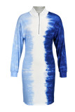 Blue Fashion Sexy Plus Size Gradual Change Print Basic Turndown Collar Printed Dress