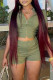 Army Green Fashion Casual Solid Basic Zipper Collar Short Sleeve Two Pieces