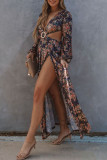 Multicolor Fashion Sexy Print Hollowed Out Slit V Neck Long Sleeve Dresses
