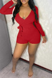 Red Fashion Casual Solid Bandage V Neck Long Sleeve Skinny Romper