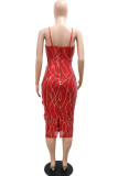 Red Sexy Sequins Patchwork Feathers Slit Spaghetti Strap Sling Dress Dresses