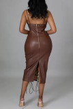 Brown Fashion Sexy Solid Bandage Hollowed Out Backless Square Collar Sling Dress