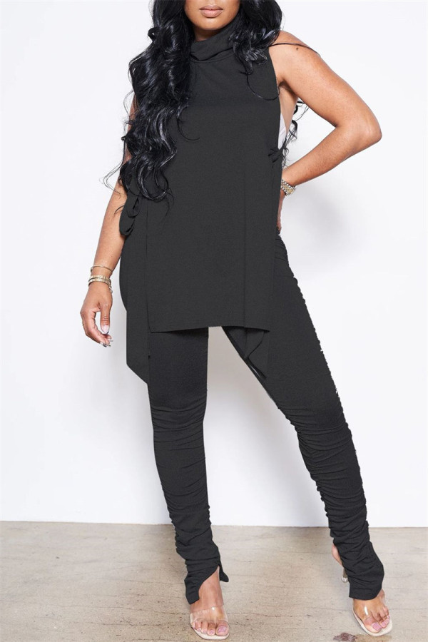 Black Fashion Casual Solid Bandage Slit Turtleneck Sleeveless Two Pieces