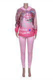 Pink Fashion Casual Print Basic Half A Turtleneck Long Sleeve Two Pieces