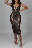 Brown Fashion Sexy Solid Bandage Hollowed Out Backless Square Collar Sling Dress