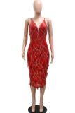 Red Sexy Sequins Patchwork Feathers Slit Spaghetti Strap Sling Dress Dresses