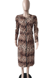 Leopard Print Casual Plaid Patchwork O Neck Pencil Skirt Dresses