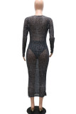 Black Sexy Print Patchwork See-through V Neck One Step Skirt Dresses