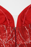 Red Sexy Sequins Patchwork Feathers Slit Spaghetti Strap Sling Dress Dresses